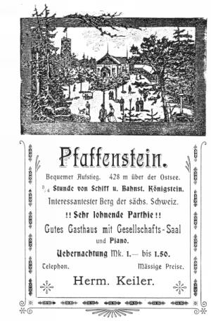 Zeitgenössische Werbung für den Pfaffenstein (vor 1899)